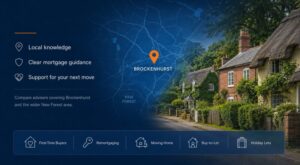Mortgage Broker in Brockenhurst hero image featuring a Brockenhurst and New Forest location map, village cottages, local property scenery and mortgage guidance icons.
