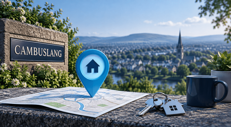 Mortgage Broker in Cambuslang location map with house pin, property keys and local town view.