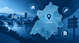 Mortgage Broker in Carlisle location map with property, key and mortgage document icons in Connect Experts blue branding.