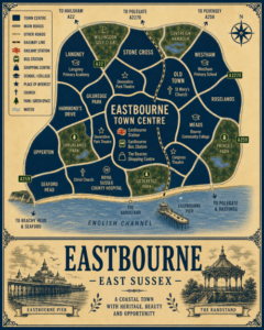Vintage illustrated map poster of Eastbourne, East Sussex, with a cream parchment background and dark navy neighbourhood areas centred on Eastbourne Town Centre. The map shows labelled roads, railway line, Eastbourne Station, Eastbourne Bus Station, shopping centre, schools, churches, parks, green spaces and the English Channel coastline. Surrounding areas include Langney, Stone Cross, Old Town, Westham, Roselands, Meads, Upperton, Seaford Head and Gildredge Park. Key landmarks include Eastbourne Pier, The Bandstand, The Beacon Shopping Centre, Devonshire Park Theatre, Congress Theatre, Royal Sussex County Hospital, St Mary’s Church, Princes Park, Sovereign Harbour, Willingdon Golf Club and Beachy Head. A decorative lower panel reads “EASTBOURNE, EAST SUSSEX” with engraved-style illustrations of Eastbourne Pier and The Bandstand, plus the subtitle “A coastal town with heritage, beauty and opportunity.”