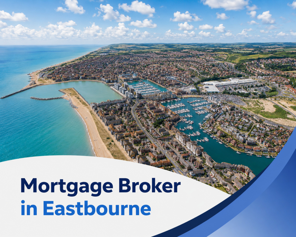 Bright summer aerial view of Eastbourne with turquoise sea, sandy beaches, marinas, coastal housing and realistic clouds, with branded blue and white graphics reading “Mortgage Broker in Eastbourne”.