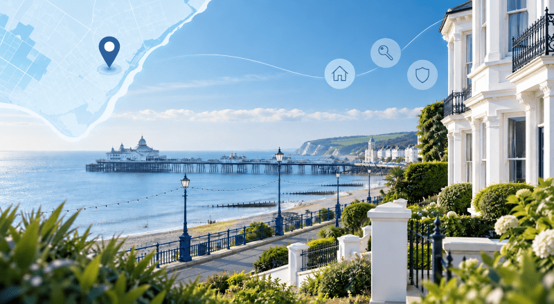 Mortgage Broker in Eastbourne – coastal property and location map illustration featuring Eastbourne seafront and pier.