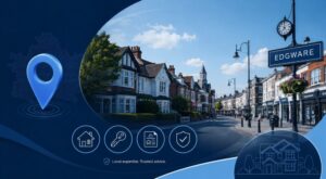 Mortgage Broker in Edgware location banner featuring local homes, an Edgware street scene and mortgage-related icons.