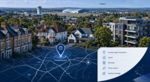 Mortgage Broker in Farnborough hero image featuring a Farnborough location map, GU14 location pin, varied local housing, rail links, green spaces, and aviation heritage.