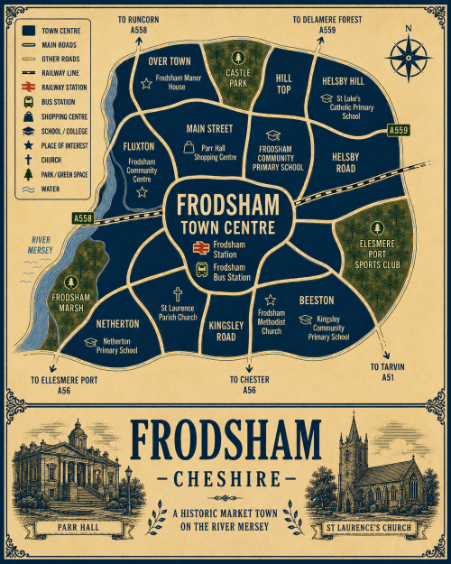 Vintage illustrated map poster of Frodsham, Cheshire, with a cream parchment background and dark navy neighbourhood areas centred on Frodsham Town Centre. The map shows labelled roads, railway line, Frodsham Station, Frodsham Bus Station, schools, churches, shopping areas, parks, green spaces and the River Mersey. Surrounding areas include Over Town, Castle Park, Hill Top, Helsby Hill, Main Street, Fluxton, Netherton, Kingsley Road, Beeston and Helsby Road. Key landmarks include Parr Hall Shopping Centre, Frodsham Manor House, Frodsham Community Centre, St Laurence Parish Church, Frodsham Methodist Church, Frodsham Primary School, Netherton Primary School, Castle Park and Frodsham Marsh. A decorative lower panel reads “FRODSHAM, CHESHIRE” with engraved-style illustrations of Parr Hall and St Laurence’s Church, plus the subtitle “A historic market town on the River Mersey.”