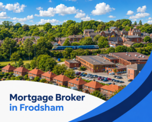 Bright summer aerial view of Frodsham with red-brick homes, leafy green trees, a blue passenger train, commercial buildings and realistic clouds, with branded blue and white graphics reading “Mortgage Broker in Frodsham”.