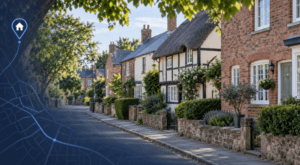 Mortgage Broker in Frodsham, illustrated by traditional cottages with a blue location pin and subtle map detail.