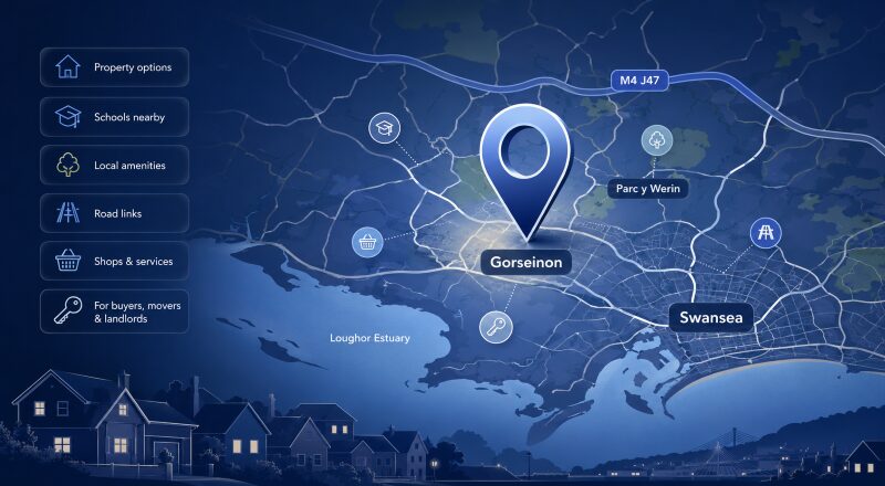 Mortgage Broker in Gorseinon location map highlighting Gorseinon, Swansea, M4 Junction 47, Parc y Werin, local amenities, schools and property options.