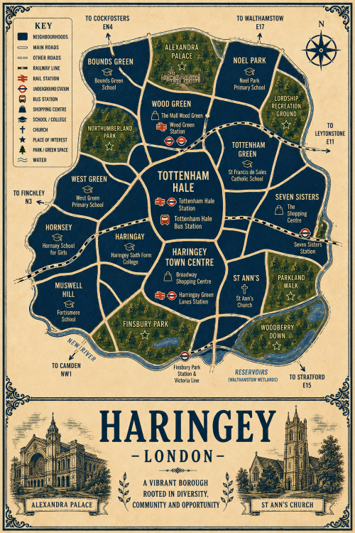 Vintage illustrated map poster of Haringey, London, with a cream parchment background and dark navy neighbourhood areas centred around Tottenham Hale and Haringey Town Centre. The map shows labelled roads, railway lines, Underground stations, bus station, shopping centres, schools, churches, parks, green spaces, reservoirs and the New River. Surrounding areas include Wood Green, Alexandra Palace, Bounds Green, Tottenham Green, Seven Sisters, St Ann’s, Harringay, Hornsey, Muswell Hill, West Green and Noel Park. Key landmarks include Alexandra Palace, The Mall Wood Green, Broadway Shopping Centre, Seven Sisters Shopping Centre, Tottenham Hale Station, Harringay Green Lanes Station, Finsbury Park, Northumberland Park, Lordship Recreation Ground, Parkland Walk and Woodberry Down. A decorative lower panel reads “HARINGEY, LONDON” with engraved-style illustrations of Alexandra Palace and St Ann’s Church, plus the subtitle “A vibrant borough rooted in diversity, community and opportunity.”