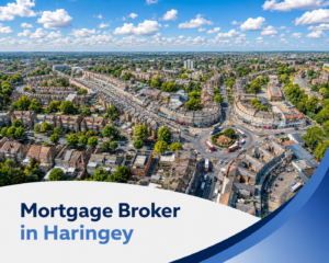 Bright summer aerial view of Haringey showing a busy roundabout, curved residential streets, brick buildings, leafy neighbourhoods and a wide blue sky with realistic white clouds, with branded blue and white graphics reading “Mortgage Broker in Haringey”.