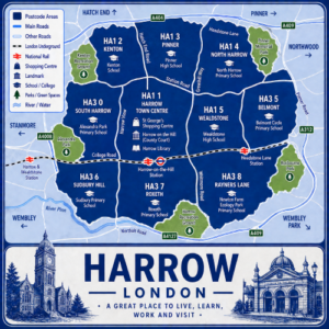 A square, blue-themed postcode map of Harrow in London, styled with curved branded borders. The map highlights postcode areas including HA1, HA2, HA3, HA4, HA5, and HA7. Key sections include HA1 1 (Harrow town centre), HA1 2 (North Harrow), HA1 3 (West Harrow), HA3 5 (Rayners Lane), HA3 6 (South Kenton), HA3 7 (Wealdstone), HA4 (Pinner), HA5 (North Harrow/Pinner), and HA7 (Stanmore). Major roads such as the A40, A404, A409, A312, and nearby M1 are labelled. Harrow town centre is marked near the middle, with Harrow-on-the-Hill, North Harrow, Rayners Lane, and Harrow & Wealdstone stations indicated, including Underground and rail connections. Key landmarks such as St George’s Shopping Centre, Harrow Civic Centre, Harrow Library, and local schools are shown. Nearby areas including Wembley, Edgware, Stanmore, Northwood, and Pinner are labelled. Green spaces such as Harrow Recreation Ground, Headstone Manor Park, Kenton Recreation Ground, Roxbourne Park, and Bentley Priory Nature Reserve are shown in green. The design uses layered blue tones with white text and clean boundary lines for clarity.