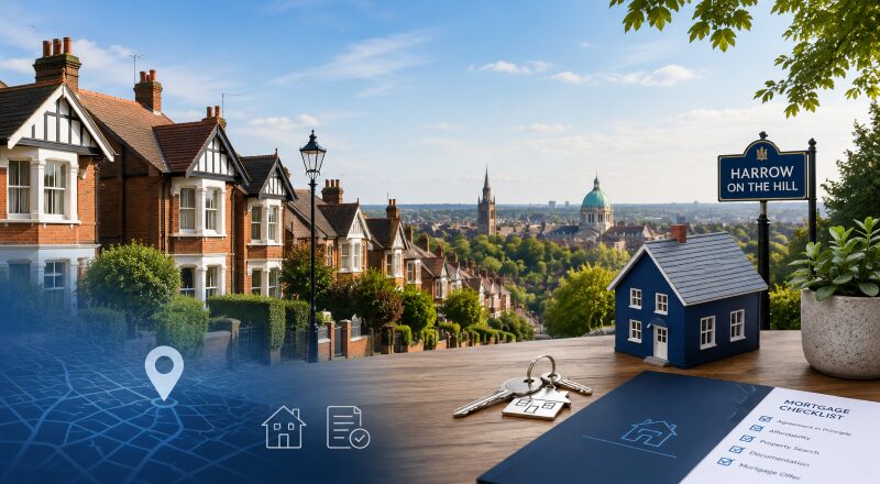 Mortgage Broker in Harrow with a Harrow-on-the-Hill property scene, house model, keys, location map and mortgage checklist.
