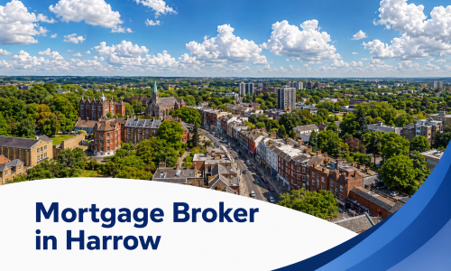 Mortgage Broker in Harrow banner showing a bright summer aerial view of a leafy townscape with historic brick buildings, a church spire, modern high-rise blocks, and realistic fluffy clouds, framed by a white curved text panel and blue wave graphics.