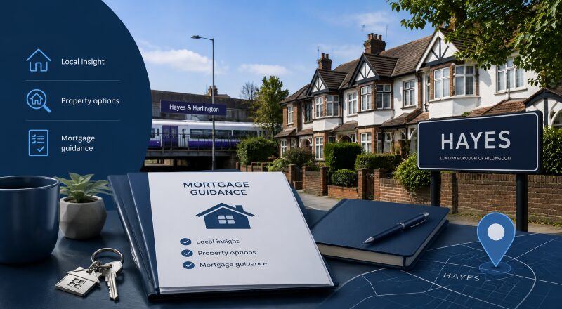 Mortgage Broker in Hayes location guide with Hayes homes, station signage, property keys and mortgage guidance icons.