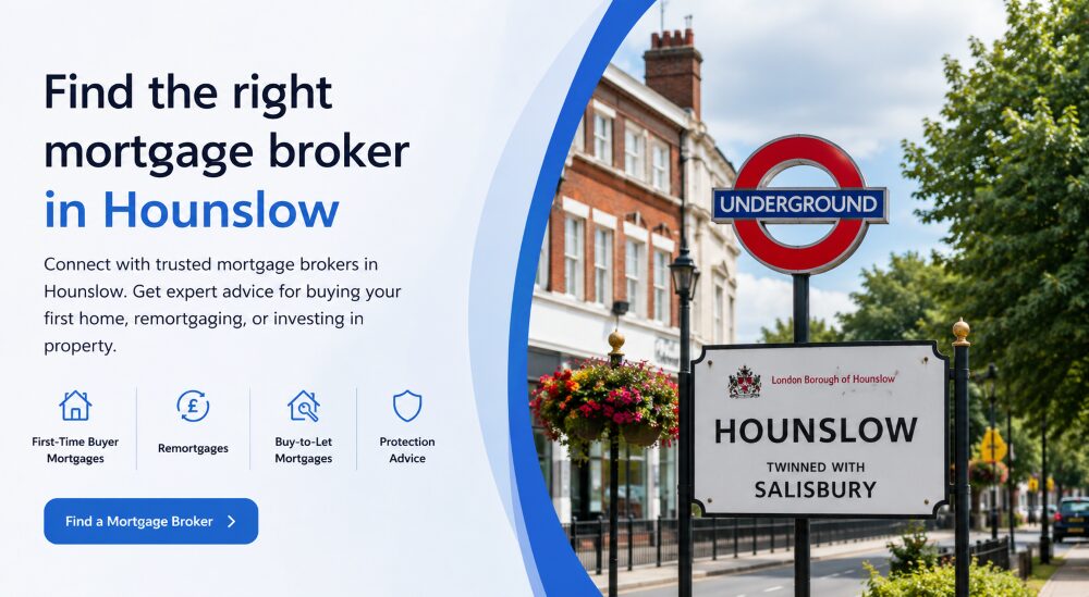 Mortgage broker in Hounslow hero image with local street scene, Hounslow signage and mortgage service icons for first-time buyers, remortgages, buy-to-let and protection advice.