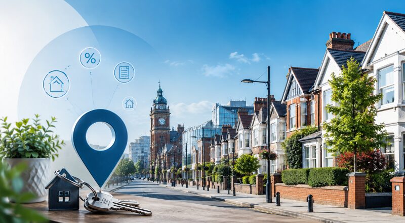 Mortgage Broker in Hounslow location scene featuring local homes, house keys, mortgage icons and a blue location pin.