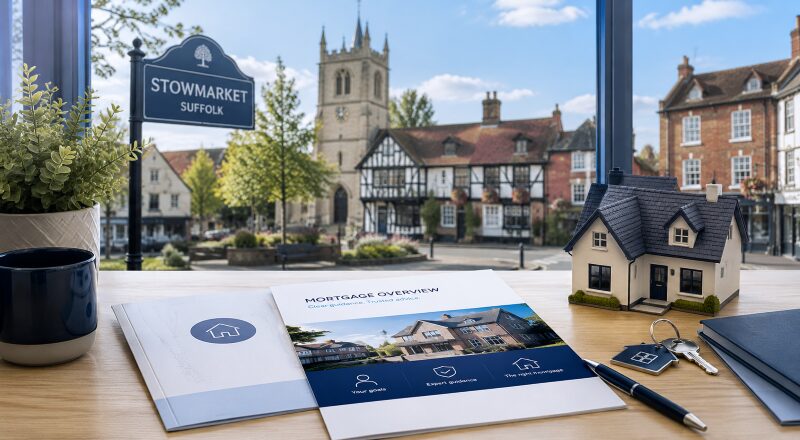 Mortgage Broker in Stowmarket with house model, mortgage documents and a view of the Suffolk town centre.