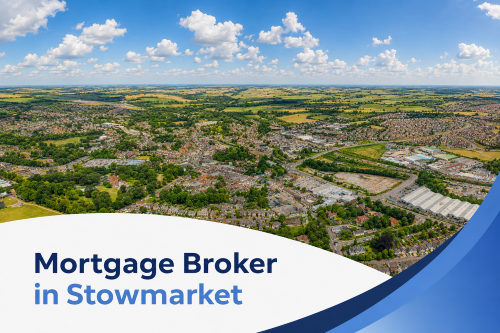 Promotional graphic showing a bright summer aerial view of Stowmarket surrounded by green countryside under a vivid blue sky with realistic fluffy clouds. A curved white banner spans the lower left with the title “Mortgage Broker in Stowmarket” in two blue brand tones, while layered blue wave accents frame the lower right corner.