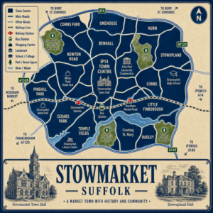 Vintage illustrated map poster of Stowmarket, Suffolk, with a cream parchment background and dark navy neighbourhood areas centred on IP14 Town Centre. The map shows labelled roads, railway lines, Stowmarket Station, Needham Market Road, bus station, parks, green spaces and the River Gipping. Surrounding areas include Combs Ford, Onehouse, Benhall, Stowupland, Combs, Little Finborough, Badley, Creeting St Mary, Temple Fields, Cedars Park, Pinehill Park and Newton Road. Key landmarks include Stowmarket Town Hall, the John Peel Centre for Creative Arts, Stowmarket High School, Stowmarket Leisure Centre, Stowmarket Community Woodland, Chilton Fields, Regent’s Meadow and Badley Meadow. A decorative lower panel reads “STOWMARKET, SUFFOLK” with engraved-style illustrations of Stowmarket Town Hall and Stowupland Hall, plus the subtitle “A market town with history and community.”