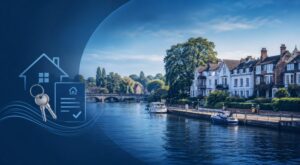 Mortgage Broker in Sunbury-On-Thames with riverside homes, property keys and mortgage checklist icons