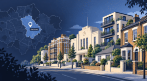 Mortgage advisor in Hackney hero image showing a Hackney location map, location pin, Hackney Town Hall-inspired landmark, and a street scene with varied residential properties in London.