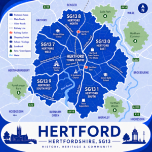 A square, blue-themed postcode map of Hertford in Hertfordshire, styled with curved branded borders. The map highlights postcode area SG13, including subdivisions such as SG13 0, SG13 1, SG13 7, SG13 8, and SG13 9. Major roads such as the A10, A414, A119, A602, and A1170 are labelled, along with key routes like Ware Road, London Road, and Hertingfordbury Road. Hertford town centre is marked near the middle, with Hertford North and Hertford East stations indicated. Landmarks including Hertford Castle, St Andrew’s Church, and local schools are shown. Nearby areas such as Ware, Broxbourne, Hoddesdon, Hertingfordbury, and Bengeo are labelled. Green spaces including Panshanger Park, Balls Park, Hartham Common, and Hartham Woods are shown in green, with the River Lea and River Beane flowing through the area. The design uses layered blue tones with white text and clean boundary lines for clarity.