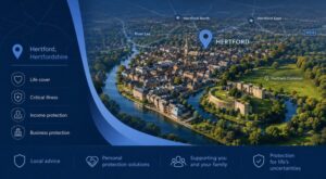 Protection Adviser in Hertford hero image featuring a Hertford location map, Hertford Castle, River Lea, local landmarks and protection insurance icons.