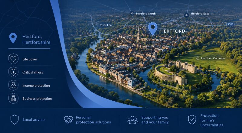 Protection Adviser in Hertford hero image featuring a Hertford location map, Hertford Castle, River Lea, local landmarks and protection insurance icons.