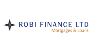 Robi Finance Ltd logo featuring a blue compass-style emblem on the left, with the company name "ROBI FINANCE LTD" in blue capital letters and the tagline "Mortgages & Loans" in gold beneath the company name on a light grey background.