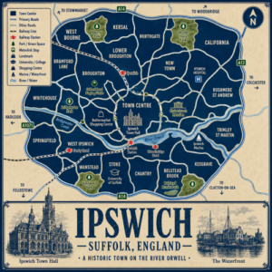 Vintage illustrated map poster of Ipswich, Suffolk, with a cream parchment background and dark navy postcode-style areas centred on IP1 Town Centre. The map shows labelled roads, railway lines, Ipswich and Derby Road stations, bus routes, parks, green spaces and the River Orwell running through the lower half. Key landmarks include Ipswich Town Hall, the Buttermarket, Ipswich Crown Court, the University of Suffolk, the Waterfront, Christchurch Park, Holywells Park and Christchurch Mansion. A decorative lower panel reads “IPSWICH, SUFFOLK” with engraved-style illustrations of Ipswich Town Hall and Christchurch Mansion, plus the subtitle “A great town with a rich heritage by the Orwell.”