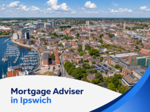 A bright summer-themed promotional graphic showing an aerial view of Ipswich with the marina, waterfront buildings, roads, and green open spaces under a blue sky with realistic white clouds. A white curved banner overlays the lower part of the image, featuring the title “Mortgage Adviser in Ipswich” in two shades of blue, with layered blue swoosh accents on the right.