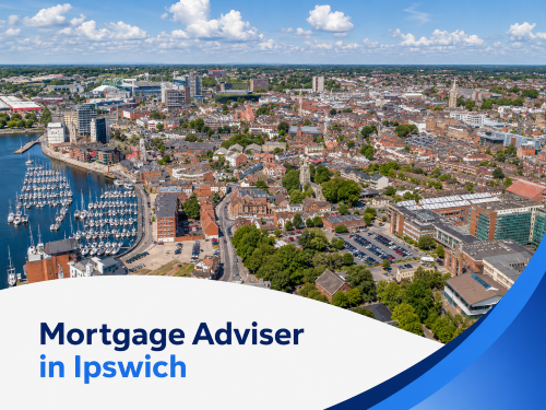 A bright summer-themed promotional graphic showing an aerial view of Ipswich with the marina, waterfront buildings, roads, and green open spaces under a blue sky with realistic white clouds. A white curved banner overlays the lower part of the image, featuring the title “Mortgage Adviser in Ipswich” in two shades of blue, with layered blue swoosh accents on the right.
