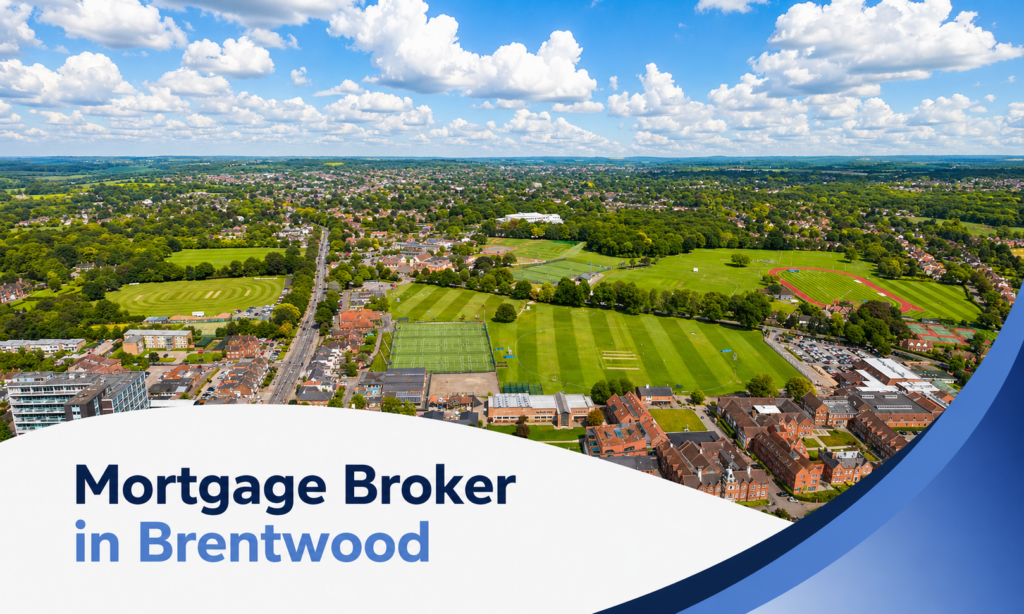 Mortgage Broker in Brentwood banner showing a bright summer aerial view of Brentwood with sports fields, tennis courts, a running track, leafy neighbourhoods, and realistic fluffy clouds, with a white curved text panel, two-tone blue title, and blue wave graphics.