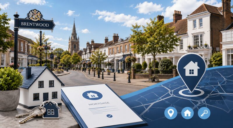 Mortgage Broker in Brentwood with local homes, property keys, mortgage documents and a location map pin.
