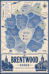 Illustrated blue and cream vintage-style map poster of Brentwood, Essex, showing postcode areas including CM13 Brentwood North, CM12 Brentwood East, CM14 Brentwood West, Hutton and Harold Wood, Pilgrims Hatch and South Weald, CM15 Shenfield, Warley, Ingatestone and Fryerning. The map includes the M25, A12, A127, A128, A1023 and A61, railway lines, Brentwood, Shenfield and Harold Wood stations, parks and green spaces, and landmarks including Brentwood Cathedral, Brentwood High Street, Baytree Centre, Weald Country Park, Thorndon Country Park, King George’s Playing Fields and Ingatestone Hall. A large title panel at the bottom reads “BRENTWOOD ESSEX” with decorative illustrations of Brentwood Cathedral and The Baytree Centre.