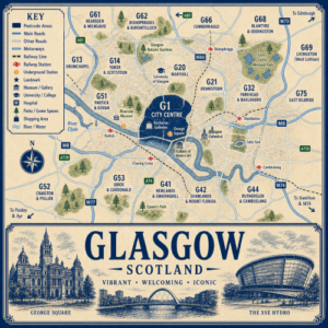 Illustrated blue and cream vintage-style map poster of Glasgow, Scotland, showing postcode areas including G1 City Centre, G20 Maryhill, G21 Dennistoun, G32 Parkhead and Barlanark, G41 Newlands and Giffnock, G42 Shawlands and Mount Florida, G44 Rutherglen and Cambuslang, G51 Partick and Govan, G52 Craigton and Pollok, G53 Ibrox and Cardonald, G61 Bearsden and Milngavie, and G62 Bishopbriggs and Kirkintilloch. The map includes major roads such as the M8, M74, M77, M80 and M73, railway lines, underground stations, the River Clyde, parks and landmarks including George Square, Buchanan Galleries, Glasgow Cathedral, the Gallery of Modern Art, University of Glasgow, Glasgow Botanic Gardens, Riverside Museum, Celtic Park, Queen’s Park and Seven Lochs Wetland Park. A large title panel at the bottom reads “GLASGOW SCOTLAND” with decorative illustrations of George Square, a River Clyde bridge scene and The SSE Hydro.