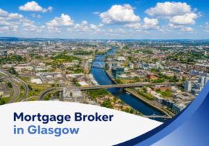 Promotional banner featuring a bright summer aerial view of Glasgow with the River Clyde winding through the city under realistic white clouds and blue sky. A white curved panel and layered blue swoosh graphics frame the lower section, with the title “Mortgage Broker in Glasgow” shown in two blue branded colour tones.