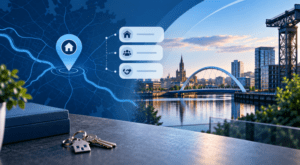 Mortgage Broker in Glasgow location map with property icons and Glasgow riverside landmarks
