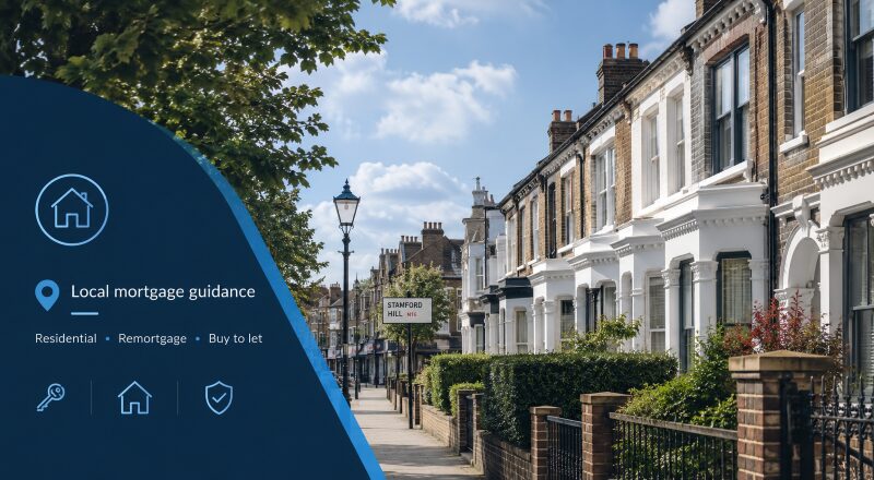 Mortgage Broker in Stamford Hill with local terraced homes and mortgage guidance icons.