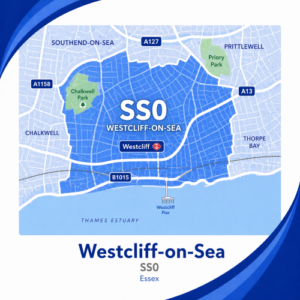 A square, blue-themed postcode map of Westcliff-on-Sea in Essex, styled with curved branded borders. The map highlights postcode area SS0. Major roads such as the A127, A13, B1015, and A1158 are labelled. Westcliff town centre and station are marked near the middle, with Chalkwell Park and Priory Park shown in green, and the Thames Estuary along the bottom edge with Westcliff Pier indicated. The design uses layered blue tones with white text and clean boundary lines for clarity.