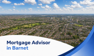 Promotional banner featuring an aerial view of Barnet on a bright summer’s day, with rows of suburban houses, green open spaces, and a clear blue sky with realistic white clouds. A curved white and blue graphic panel sits across the bottom, displaying the title “Mortgage Advisor in Barnet” in two branded blue tones.
