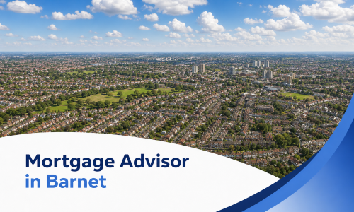 Promotional banner featuring an aerial view of Barnet on a bright summer’s day, with rows of suburban houses, green open spaces, and a clear blue sky with realistic white clouds. A curved white and blue graphic panel sits across the bottom, displaying the title “Mortgage Advisor in Barnet” in two branded blue tones.