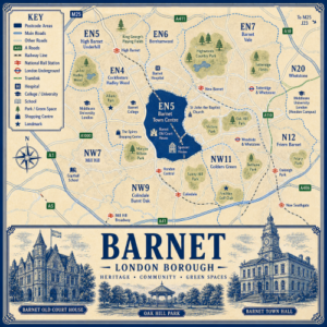 Illustrated blue and cream vintage-style map poster of the London Borough of Barnet, showing postcode areas including EN5 Barnet Town Centre and High Barnet, EN4 Cockfosters and Hadley Wood, EN6 Borehamwood, EN7 Barnet Vale, N20 Whetstone, N12 Friern Barnet, NW11 Golders Green, NW9 Colindale and Burnt Oak, and NW7 Mill Hill. The map includes major roads such as the A1, A5, A41, A406, A411 and A1000, railway and Underground lines, stations including High Barnet, New Barnet, Totteridge and Whetstone, Woodside Park, Hendon Central, Colindale and Mill Hill Broadway, plus parks and landmarks including Hadley Wood, King George’s Playing Fields, Highwoods Country Park, Oak Hill Park, Friary Park, Allianz Park, The Spires Shopping Centre, Barnet Hospital, Middlesex University London and Barnet College. A large title panel at the bottom reads “BARNET LONDON BOROUGH” with decorative illustrations of Barnet Old Court House, Oak Hill Park and Barnet Town Hall.