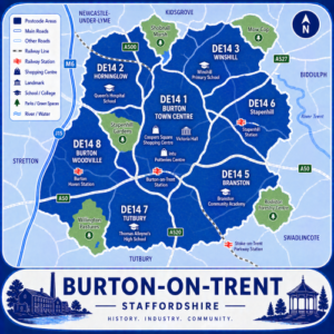 A square, blue-themed postcode map of Burton-on-Trent in Staffordshire, styled with curved branded borders. The map highlights postcode areas DE14, including subdivisions such as DE14 1, DE14 2, DE14 3, DE14 5, DE14 6, DE14 7, and DE14 8. Major roads such as the A38, A50, A511, and A444 are labelled. Burton town centre (DE14 1) is marked near the middle, with Burton-on-Trent Station indicated. Key landmarks such as Coopers Square Shopping Centre, Burton Place Shopping Centre, and local schools are shown. Nearby areas including Branston, Stapenhill, Winshill, Tutbury, and Swadlincote are labelled. Green spaces such as Stapenhill Gardens, Branston Water Park, Willington Gravel Pits, and Rosliston Forestry Centre are shown in green, with the River Trent running through the town. The design uses layered blue tones with white text and clean boundary lines for clarity.