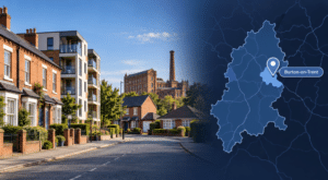 Mortgage Advisor in Burton-On-Trent hero image showing a Staffordshire street with varied homes, local brewing heritage architecture, and a Burton-on-Trent location pin and map.