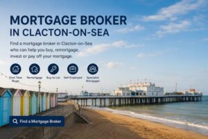 Mortgage Broker in Clacton-on-Sea hero image showing Clacton Pier, beach huts and mortgage service icons for buyers, remortgages, buy-to-let and specialist mortgages.