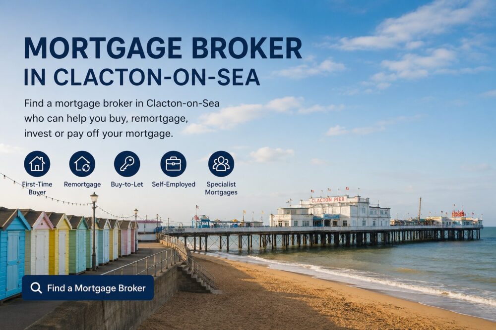Mortgage Broker in Clacton-on-Sea hero image showing Clacton Pier, beach huts and mortgage service icons for buyers, remortgages, buy-to-let and specialist mortgages.