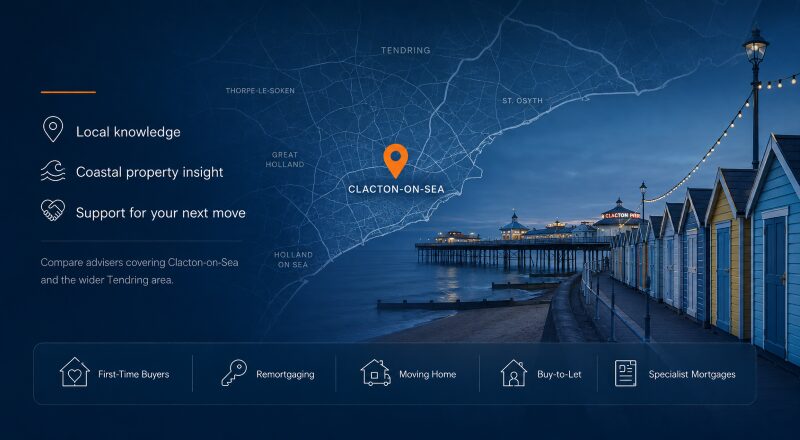 Mortgage Broker in Clacton-on-Sea hero image featuring a Clacton-on-Sea location map, Clacton Pier, beach huts and mortgage service icons.