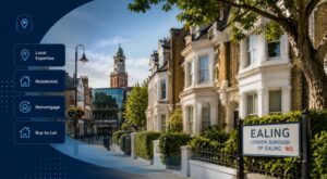 Mortgage Broker in Ealing location graphic featuring Ealing homes, Ealing Broadway and mortgage service icons.