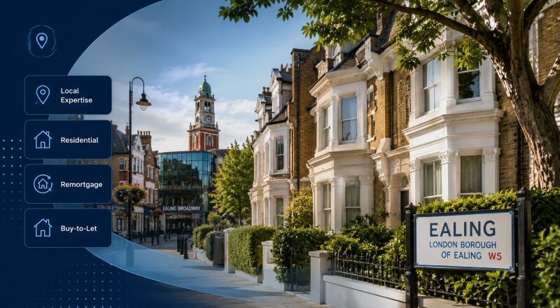 Mortgage Broker in Ealing location graphic featuring Ealing homes, Ealing Broadway and mortgage service icons.
